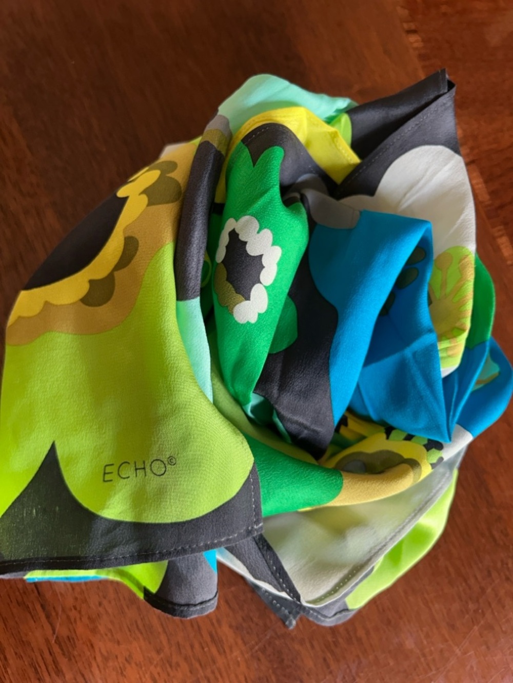 Echo Colorblock Floral Silk Scarf in Blue, Green & Yellow 10“ x 52“ - Picture 3 of 9